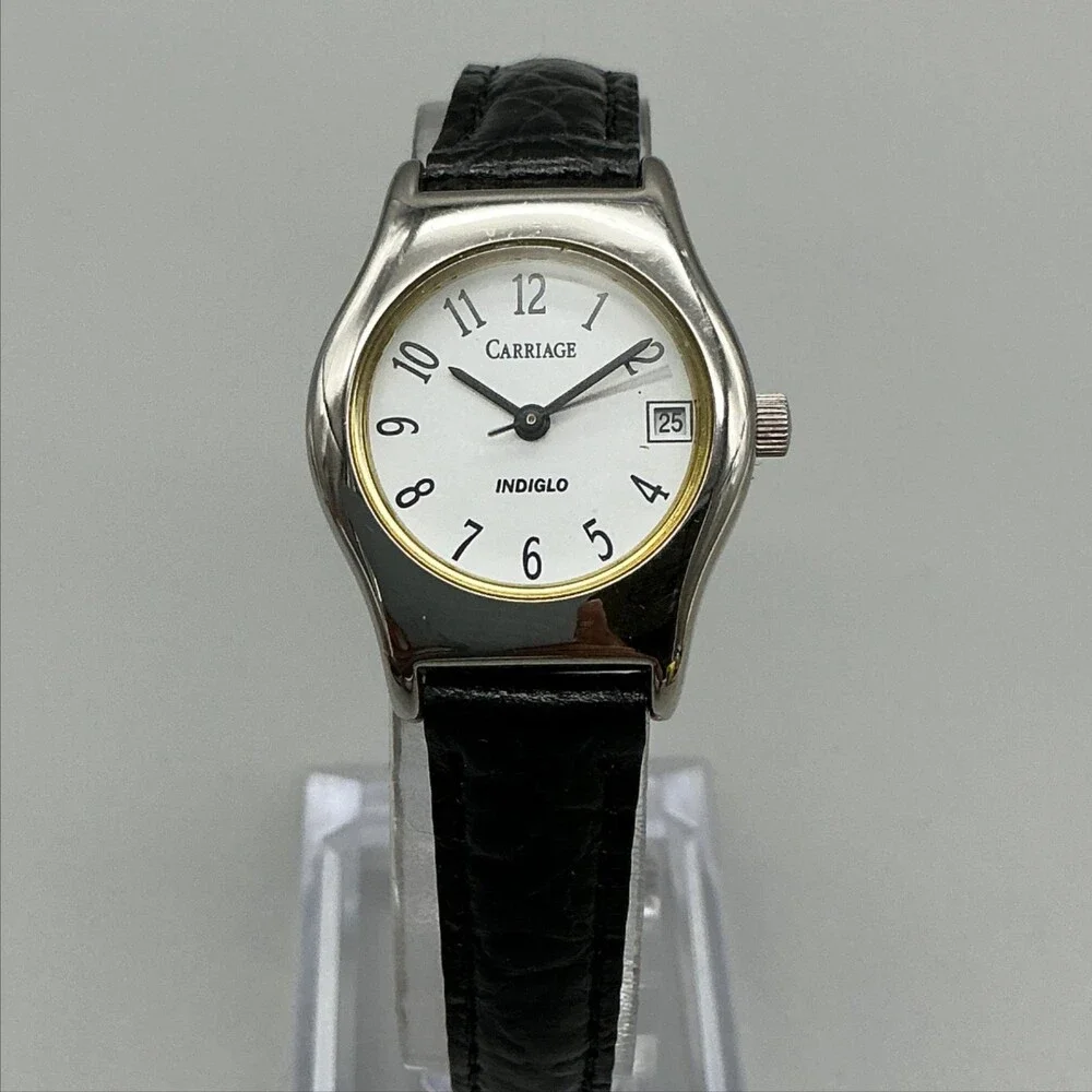 Carriage By Timex Womens Watch 24mm Black Leather Indiglo Date New Battery